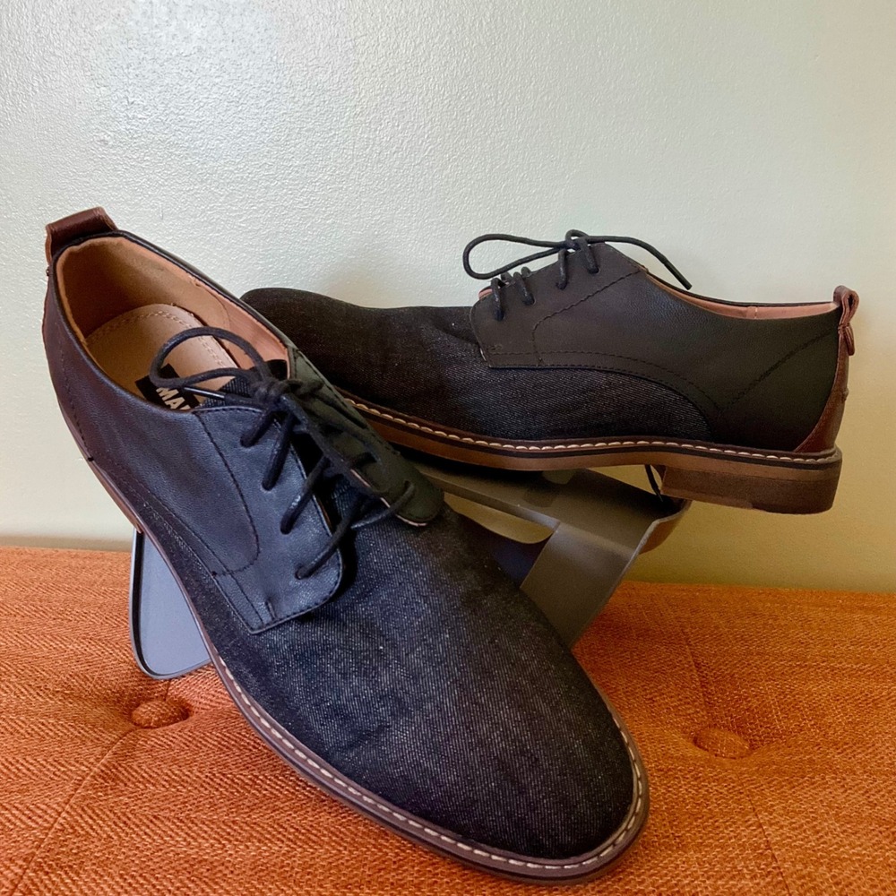 Madden M-Yanton Mens Black Denim Faux Leather Oxford Dress Shoes 8.5 Minimalist